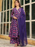 Janasya Purple Georgette Floral Kurta,Bottom & Dupatta