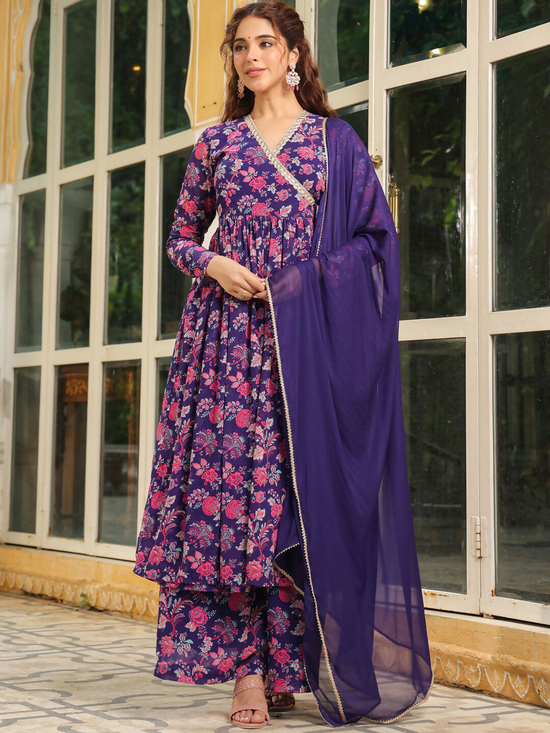 Janasya Purple Georgette Floral Kurta,Bottom & Dupatta