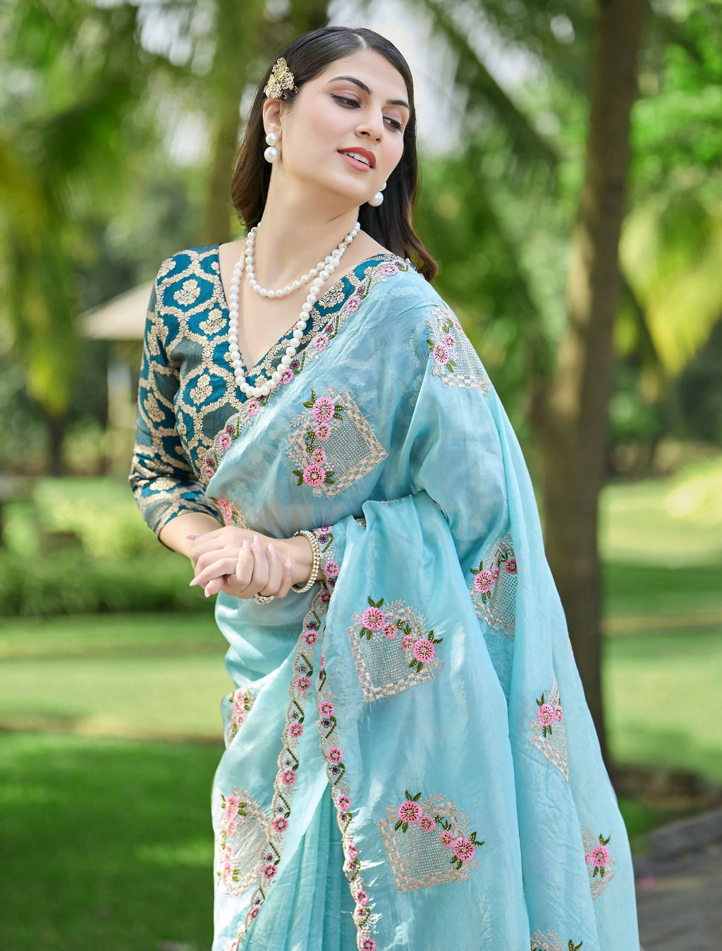 Teeya Creation Sky Color Pure Paper Silk Heavy Embroidery Work Wedding Wear Saree - Distacart