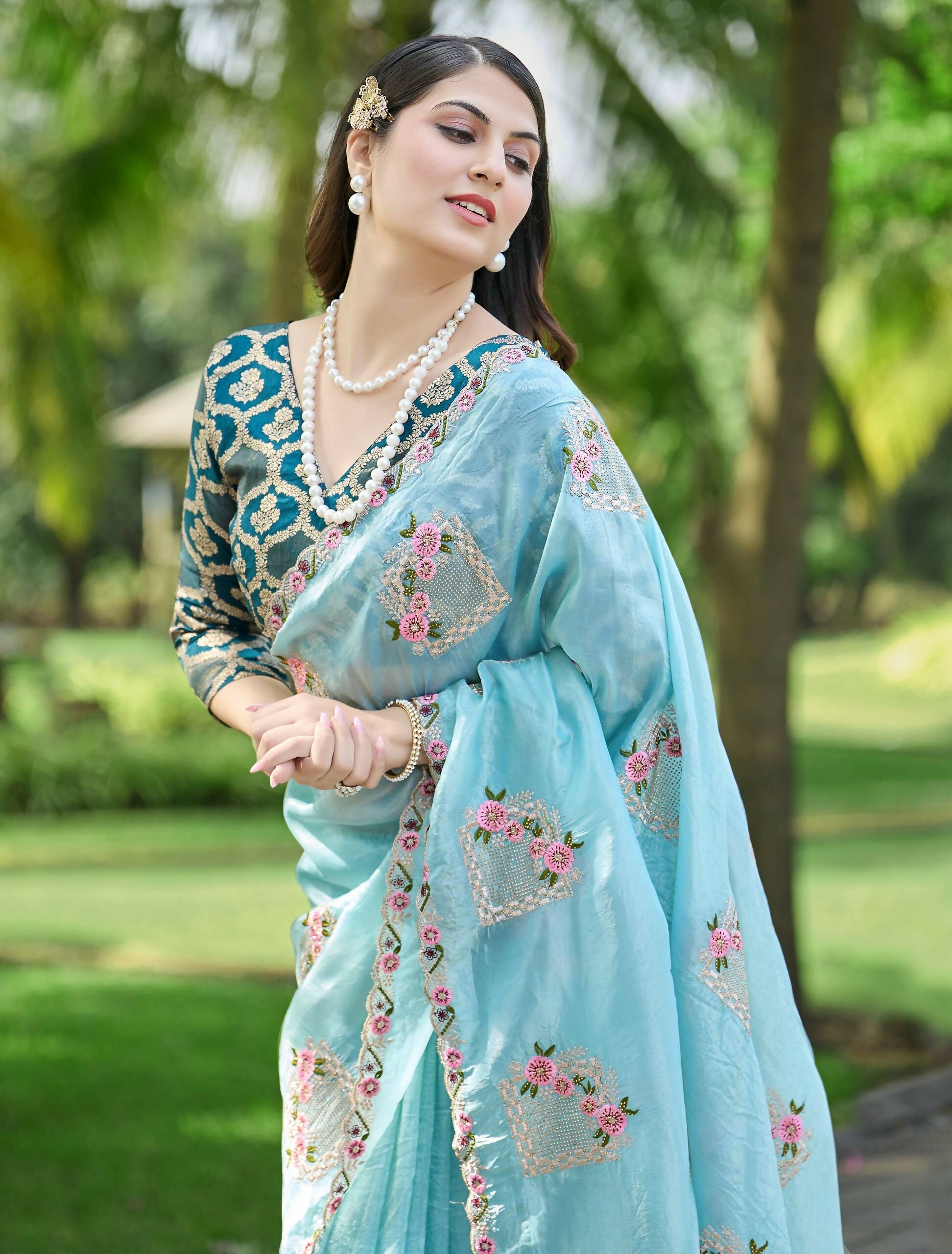 Teeya Creation Sky Color Pure Paper Silk Heavy Embroidery Work Wedding Wear Saree - Distacart