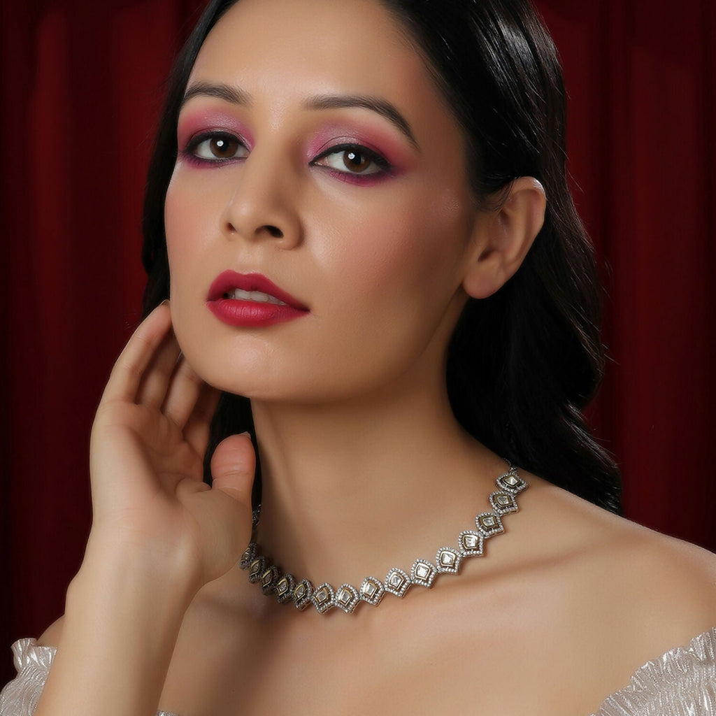 Silver Kundan and American Diamond Neckpiece (Silver) - Ruby Raang