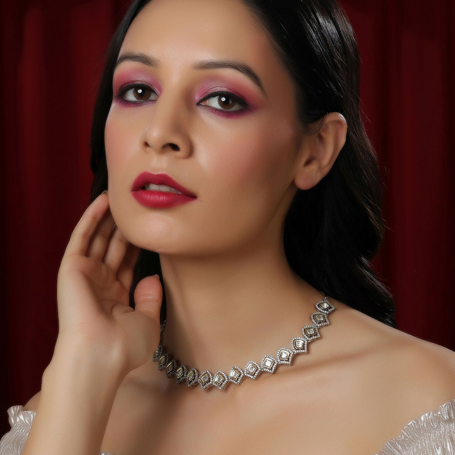 Silver Kundan and American Diamond Neckpiece (Silver) - Ruby Raang