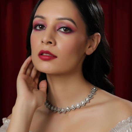 Silver Kundan and American Diamond Neckpiece (Silver) - Ruby Raang