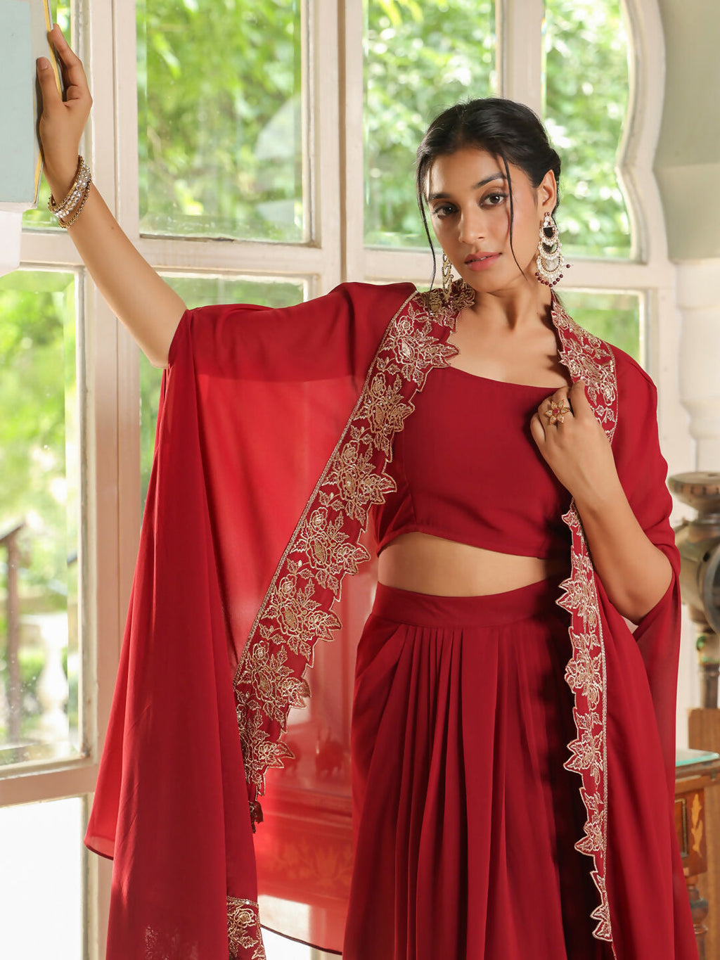 Janasya Maroon Georgette Solid Top Bottom Cape