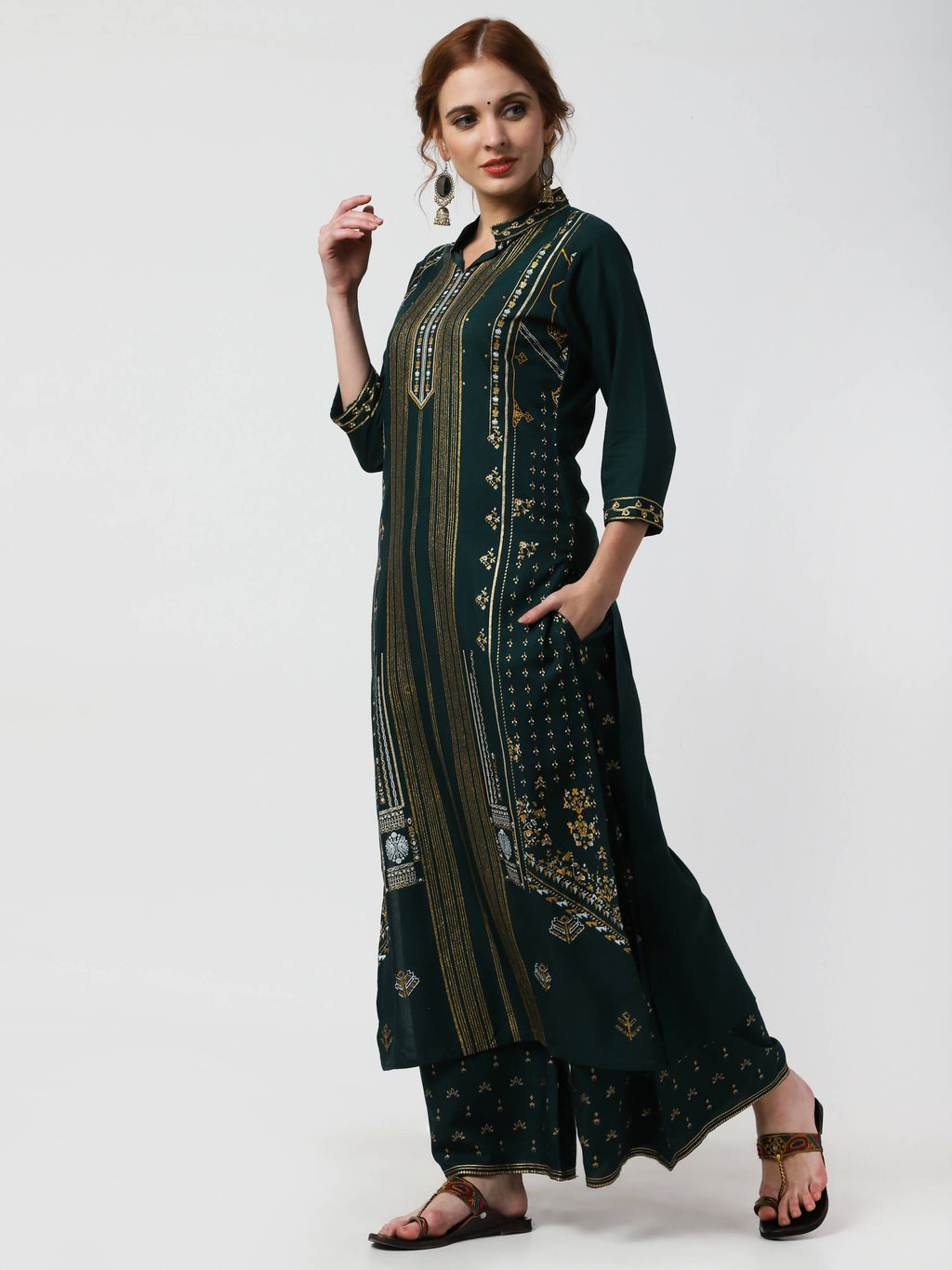 Cheera Embellished Daily Wear Cotton Blend Kurta With Palazoo - Bottle Green