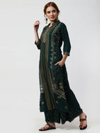 Cheera Embellished Daily Wear Cotton Blend Kurta With Palazoo - Bottle Green