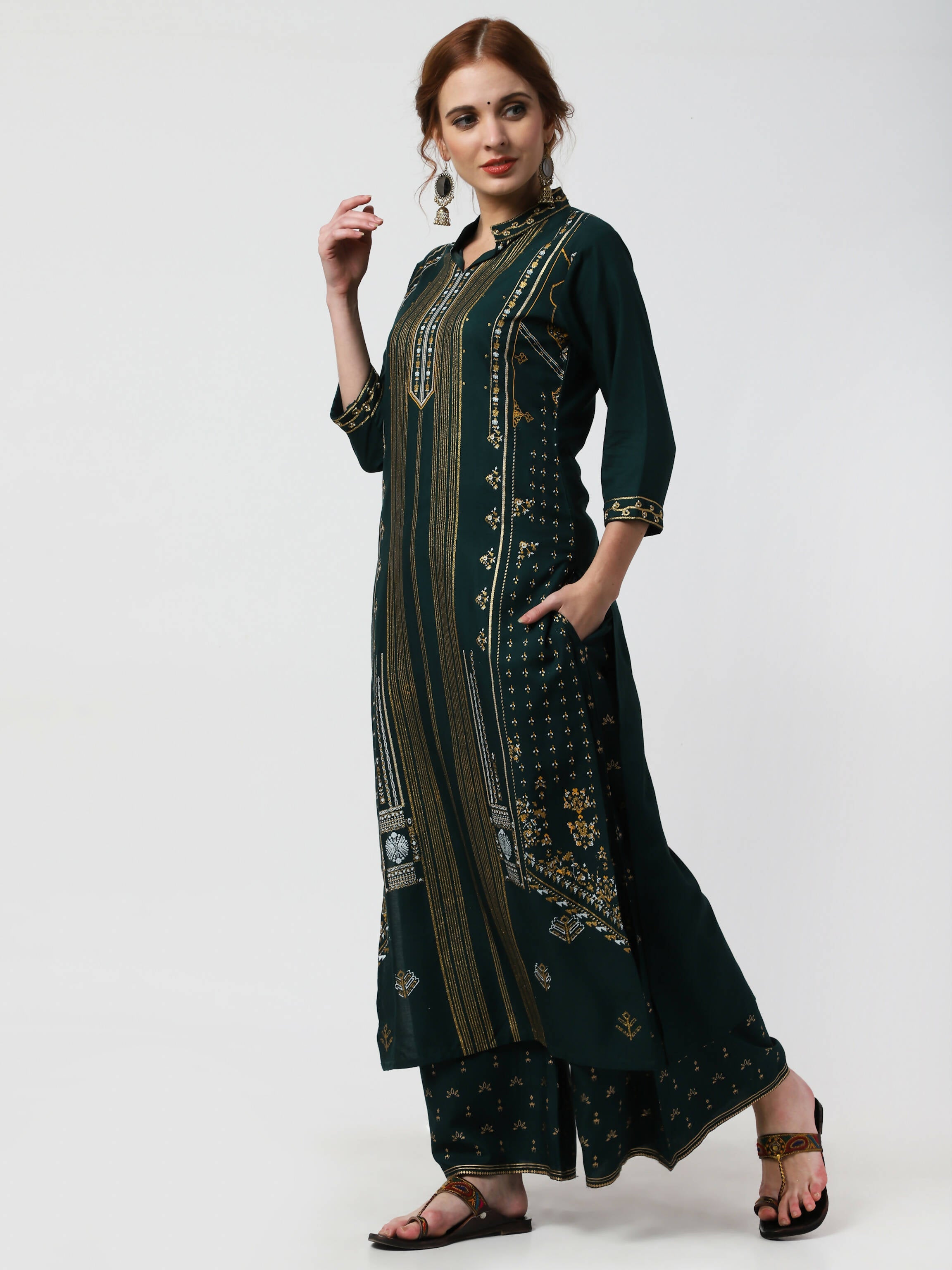 Cheera Embellished Daily Wear Cotton Blend Kurta With Palazoo - Bottle Green