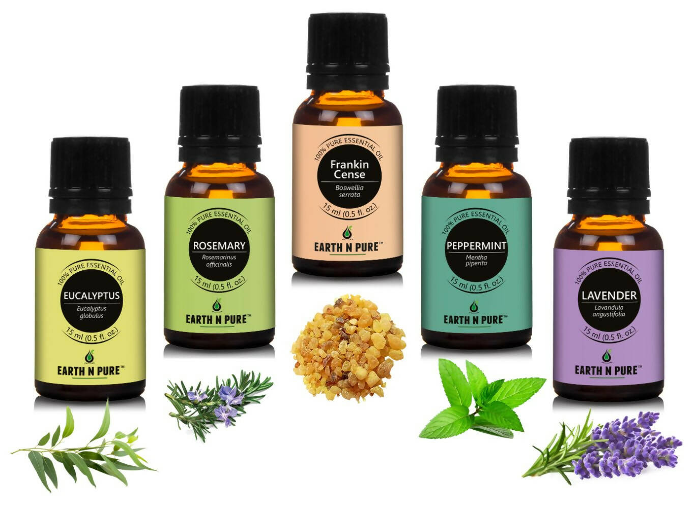 Earth N Pure Essential Oils (Eucalyptus, Rosemary, Lavender, Frankincense & Peppermint) Combo