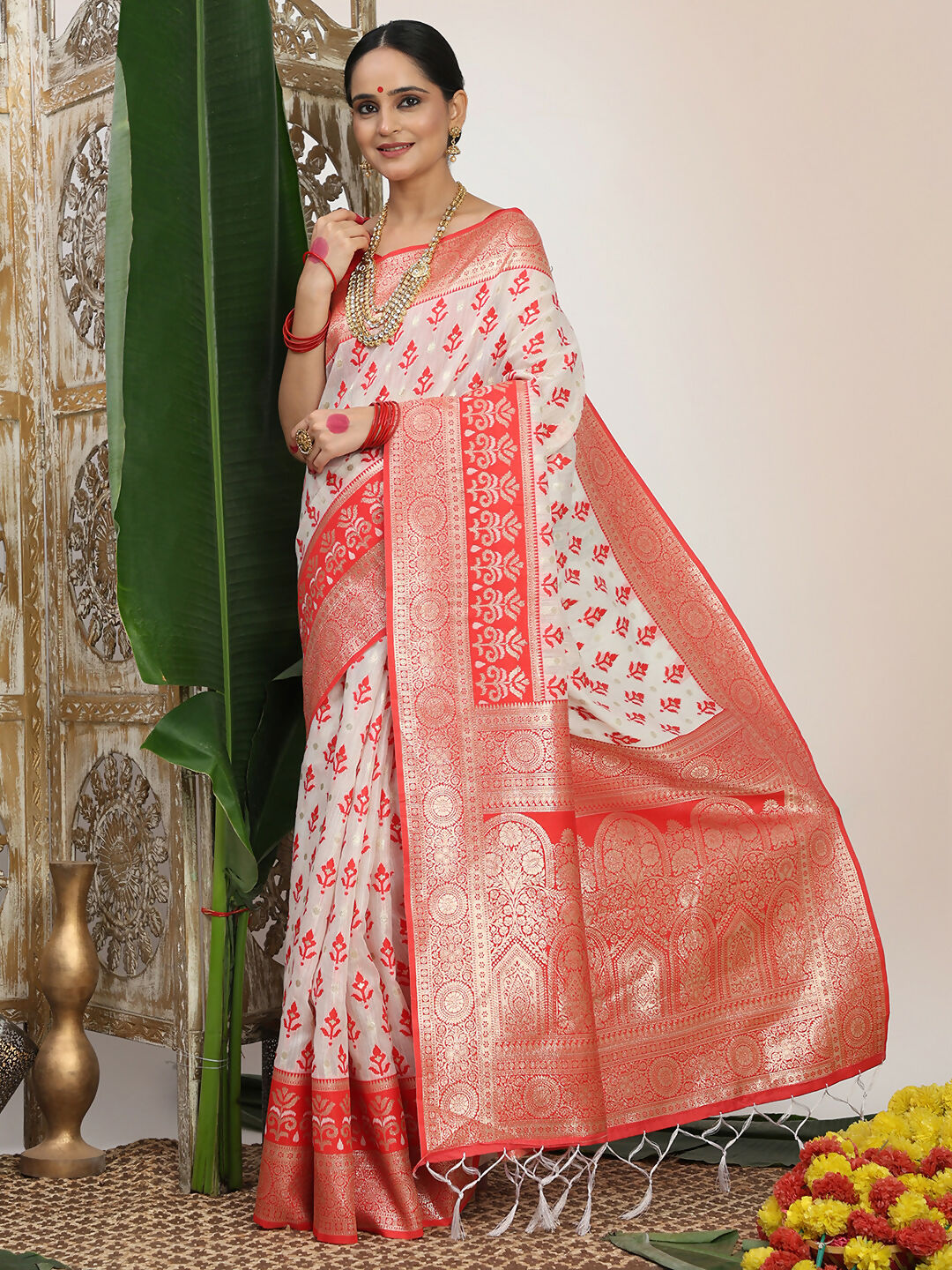 Shree Shyam Fashion Linen Cotton Red & White Saree - Distacart