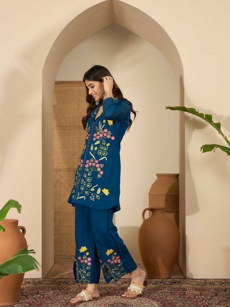 Joban Fashion Women Blue Roman Silk Embroidered Stitched Kurta Set - Distacart