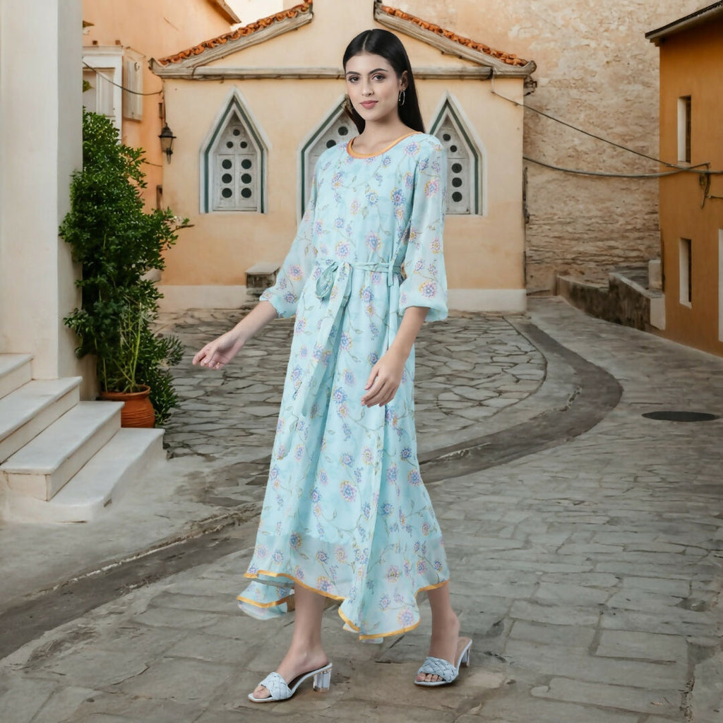 Souchii Blue Floral Chiffon Maxi Dress For Women – Souchii