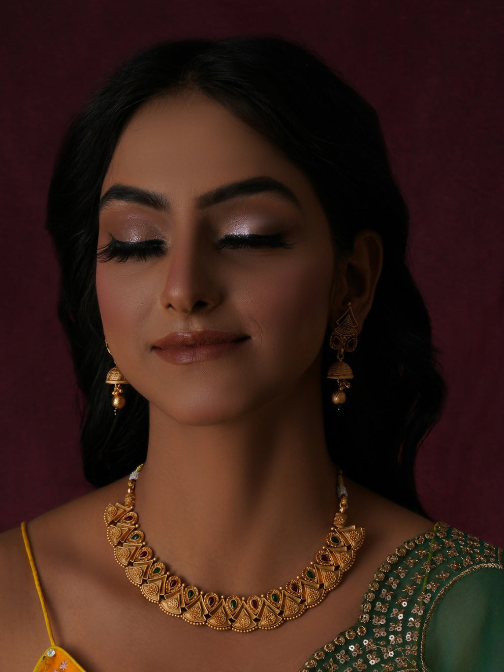 Temple Choker with Matching Jhumki Jewellery Set (Gold) - Ruby Raang