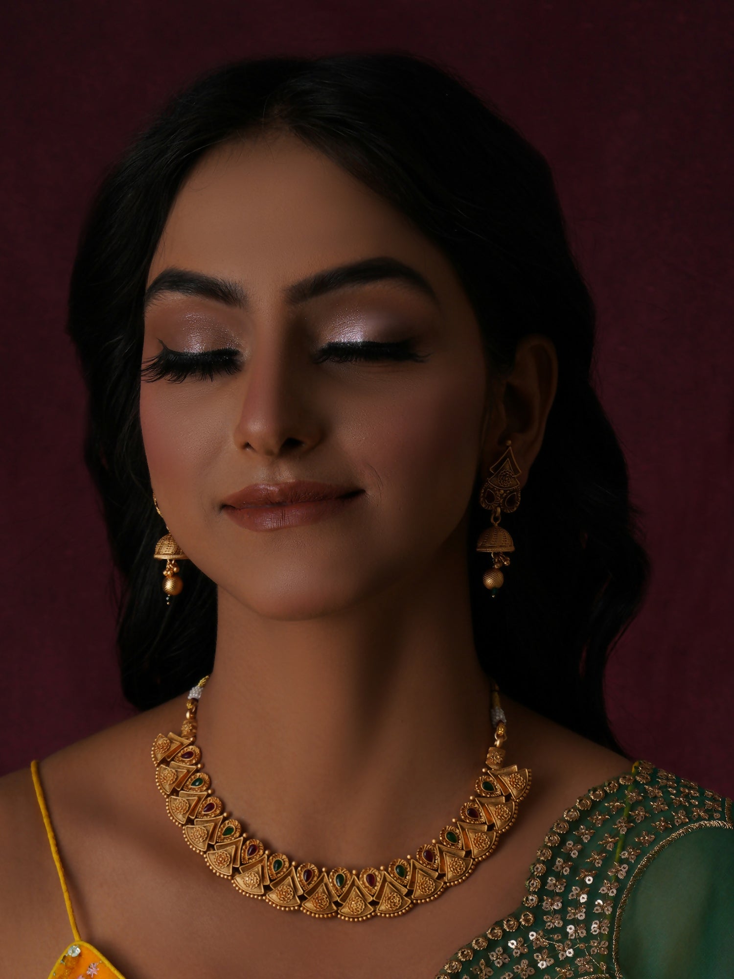 Temple Choker with Matching Jhumki Jewellery Set (Gold) - Ruby Raang
