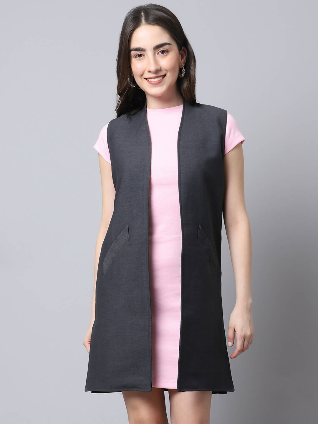 Even Apparels Grey Polywool Open Front Women's Long Coat - Distacart