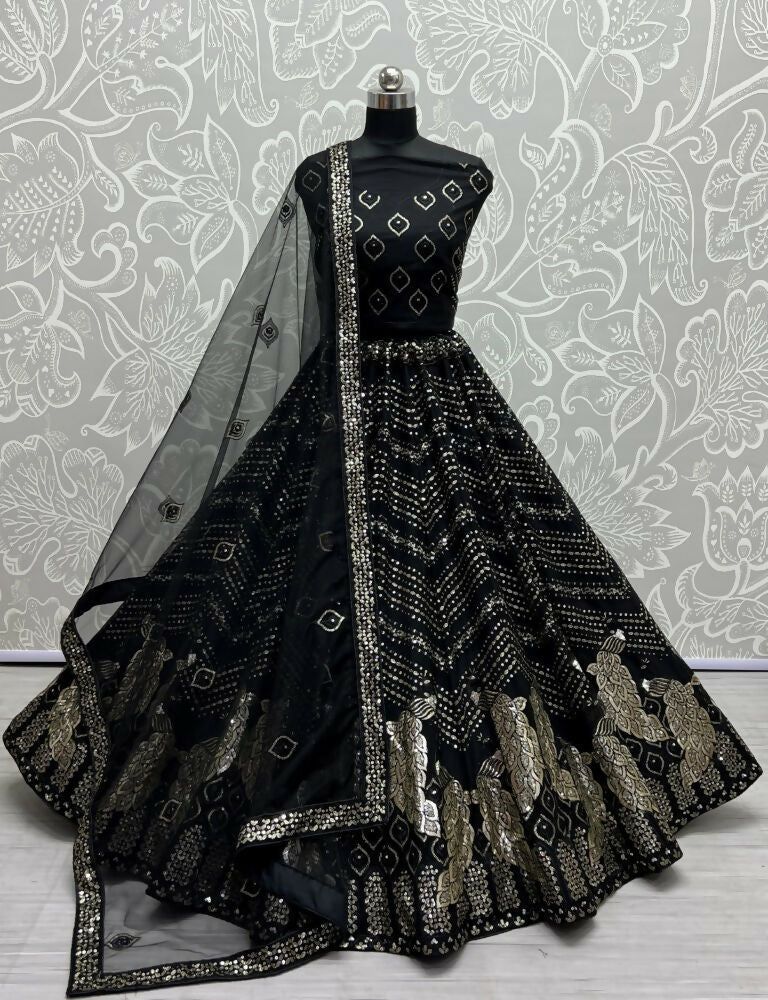 Jyoti Fashion Women's Black Bridal Net Fancy Foil & Sequins with Multi Thread Embroidered Wedding Lehenga Choli