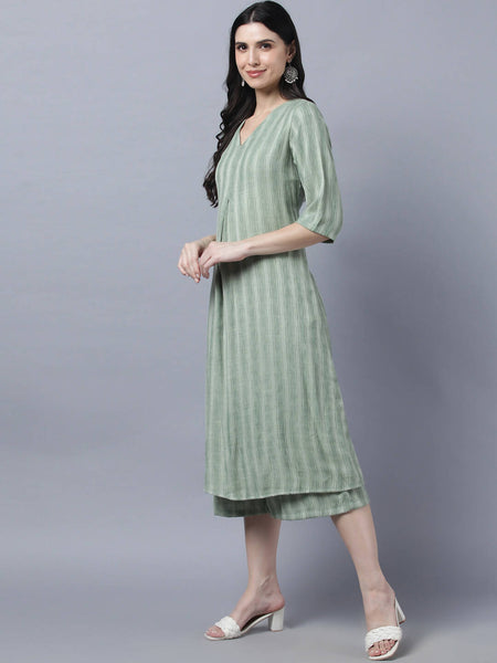 Myshka Stylish Green Cotton 3/4 Sleeve Women's Kurta Palazzo Set