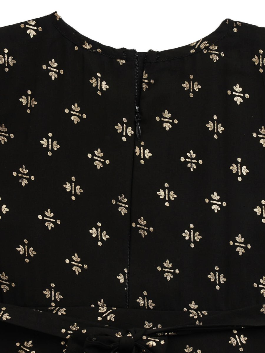 Ahalyaa Black Georgette Gold Foil Print Kids Peplum style Kurta Sharara Set With Dupatta For Girls
