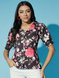 Myshka Women Black Floral V-Neck Regular Sleeves Viscose Rayon Top - Distacart