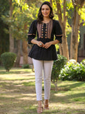 Juniper Women's Black Cotton Solid With Embroidered Straight Tunic - Distacart