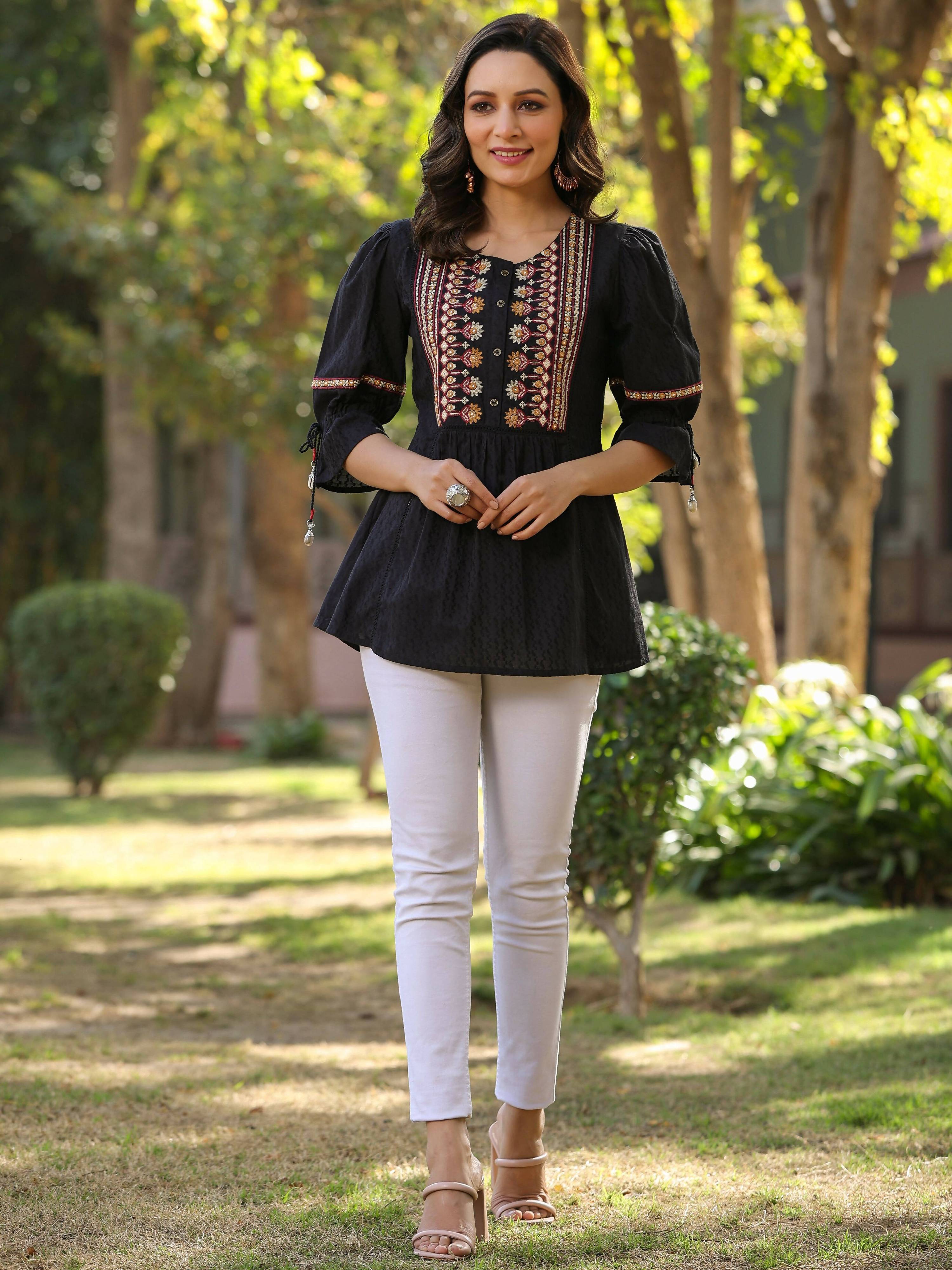 Juniper Women's Black Cotton Solid With Embroidered Straight Tunic - Distacart