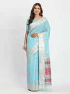 Shree Shyam Fashion Linen Cotton Sky Blue Saree - Distacart