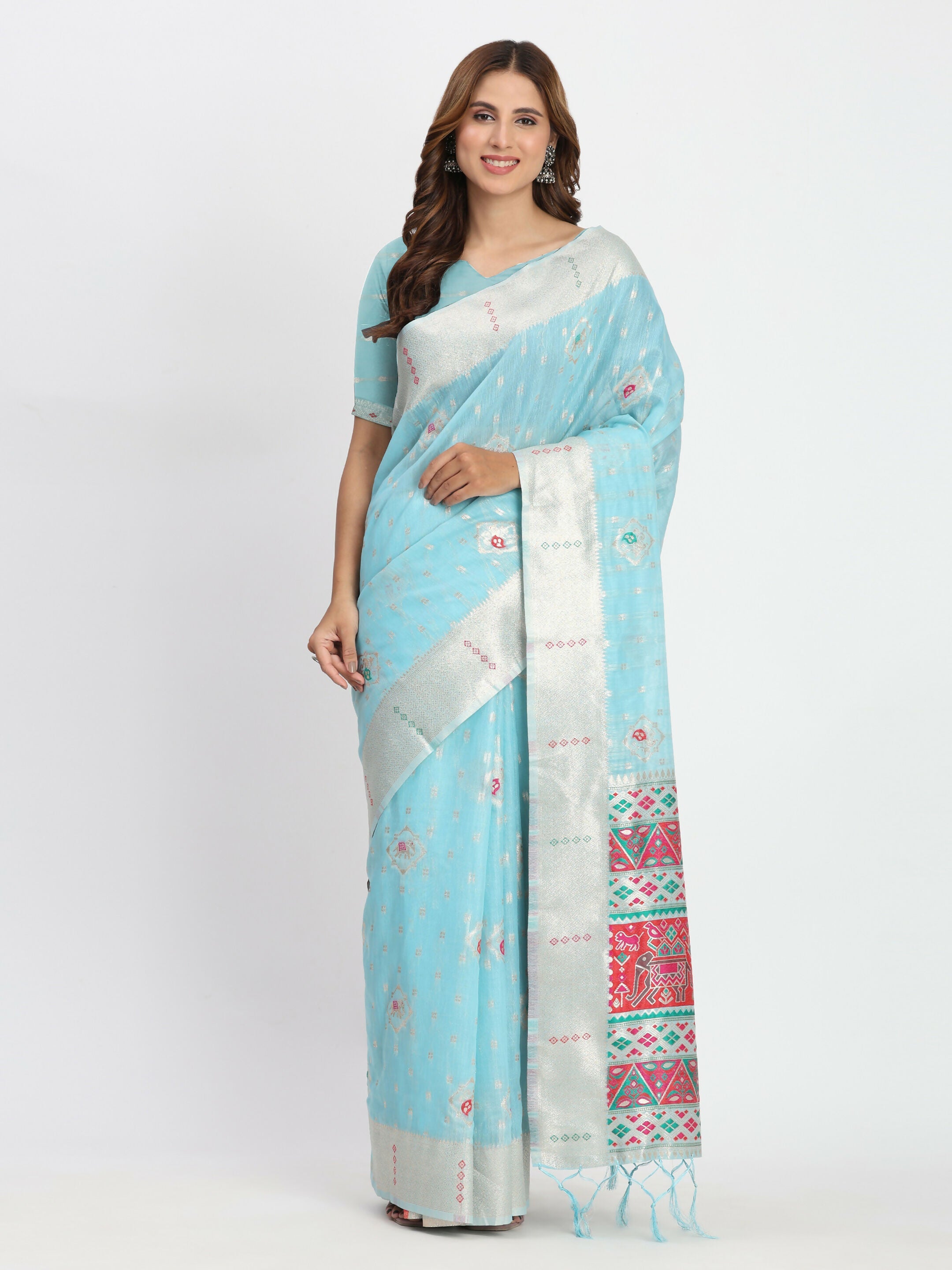 Shree Shyam Fashion Linen Cotton Sky Blue Saree - Distacart