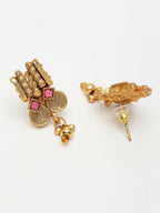 NVR Women Gold-Polished Pink Stone Studded Handcrafted Temple Jewellery Set