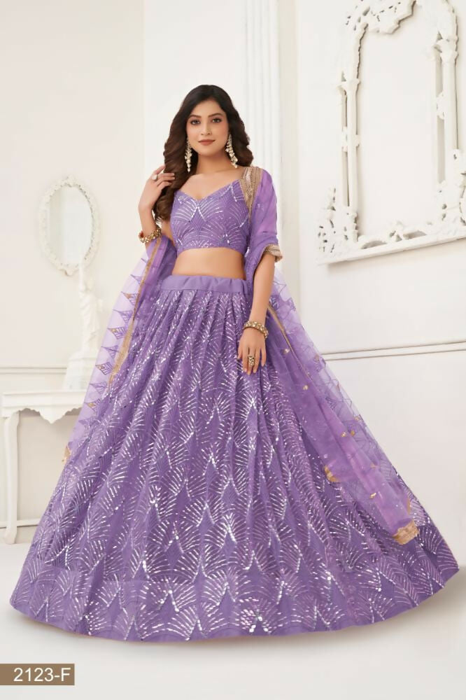 Aastha Fashion Lavender Butterfly Net Tone To Tone Thread Work, Sequence Work And Original Mirror Work Embroidery Wedding Wear Lehenga Choli