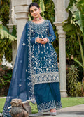 Prussian Blue Stone & Cording Work Festive Palazzo Suit - Emponline