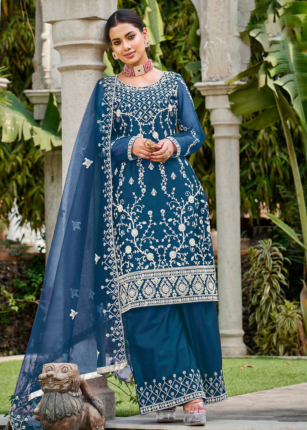 Prussian Blue Stone & Cording Work Festive Palazzo Suit - Emponline