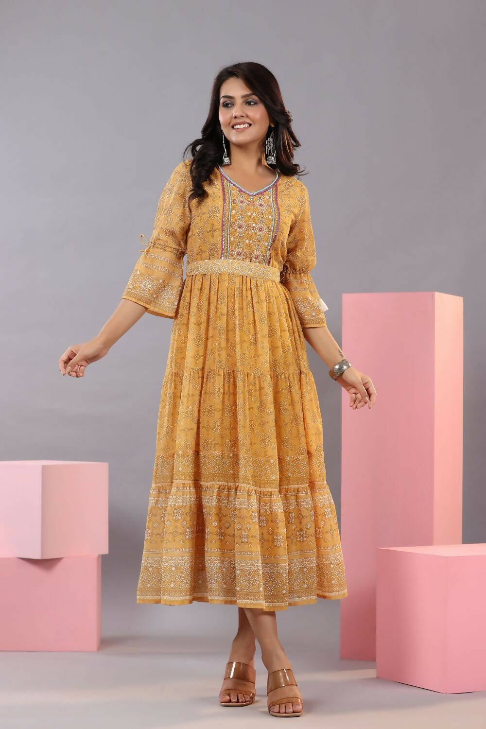 Juniper Women Yellow Georgette Geometric Printed Tiered Maxi Dress - Distacart