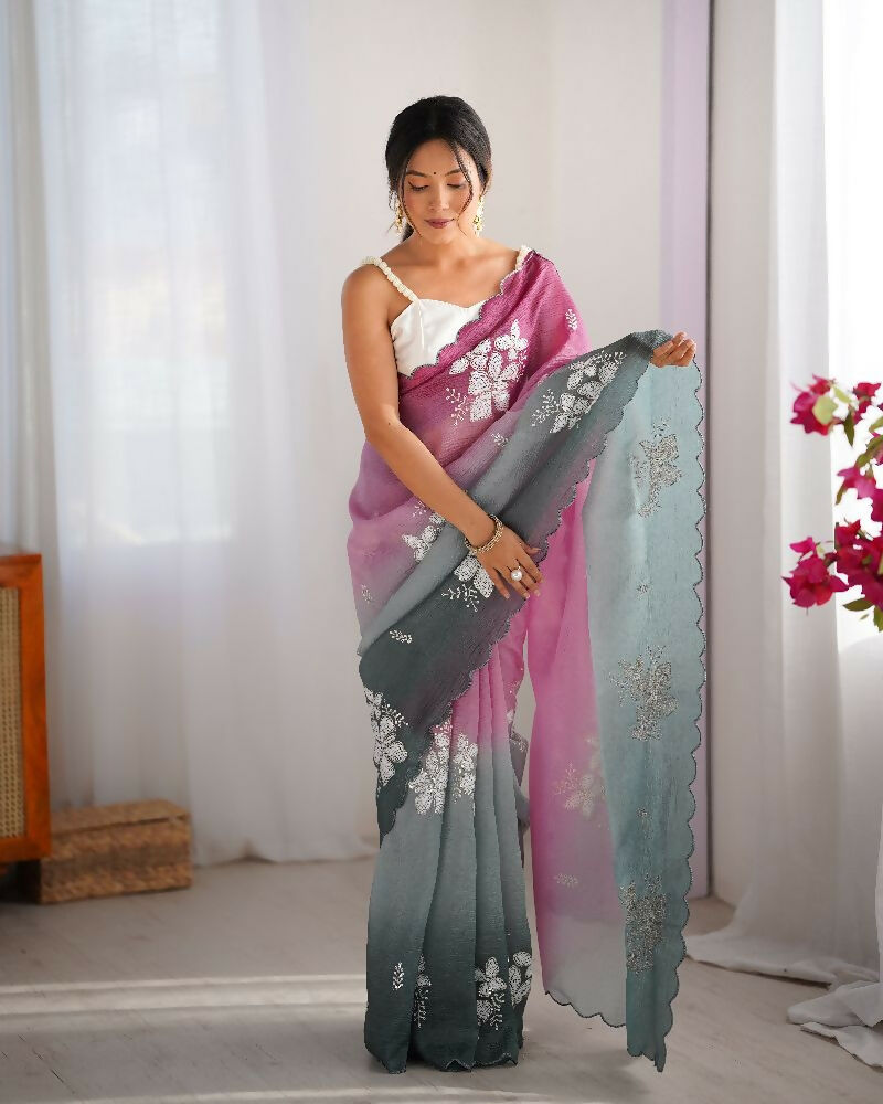 Wine and Green Crunchy Crush Pedding Color Embroidery Work Party Wear Saree - Zuleika