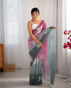 Wine and Green Crunchy Crush Pedding Color Embroidery Work Party Wear Saree - Zuleika