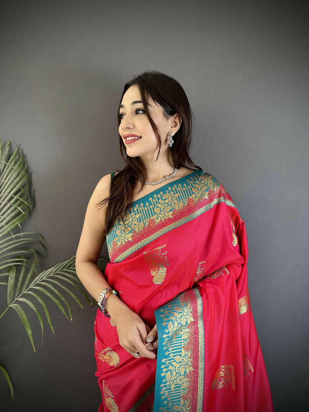 Joban Fashion Hot Pink Banarasi Soft Silk Peacock Butta Work Saree - Distacart