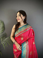 Joban Fashion Hot Pink Banarasi Soft Silk Peacock Butta Work Saree - Distacart