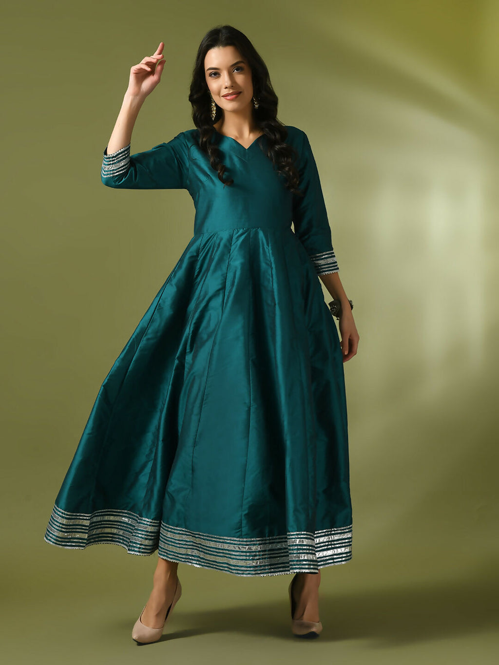 Myshka Women's Teal Solid Silk Anarkali Party Kurta