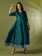 Myshka Women's Teal Solid Silk Anarkali Party Kurta