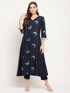 Ahalyaa Women's Navy Blue Rayon Foil & Khari Print Kurta Trouser Set