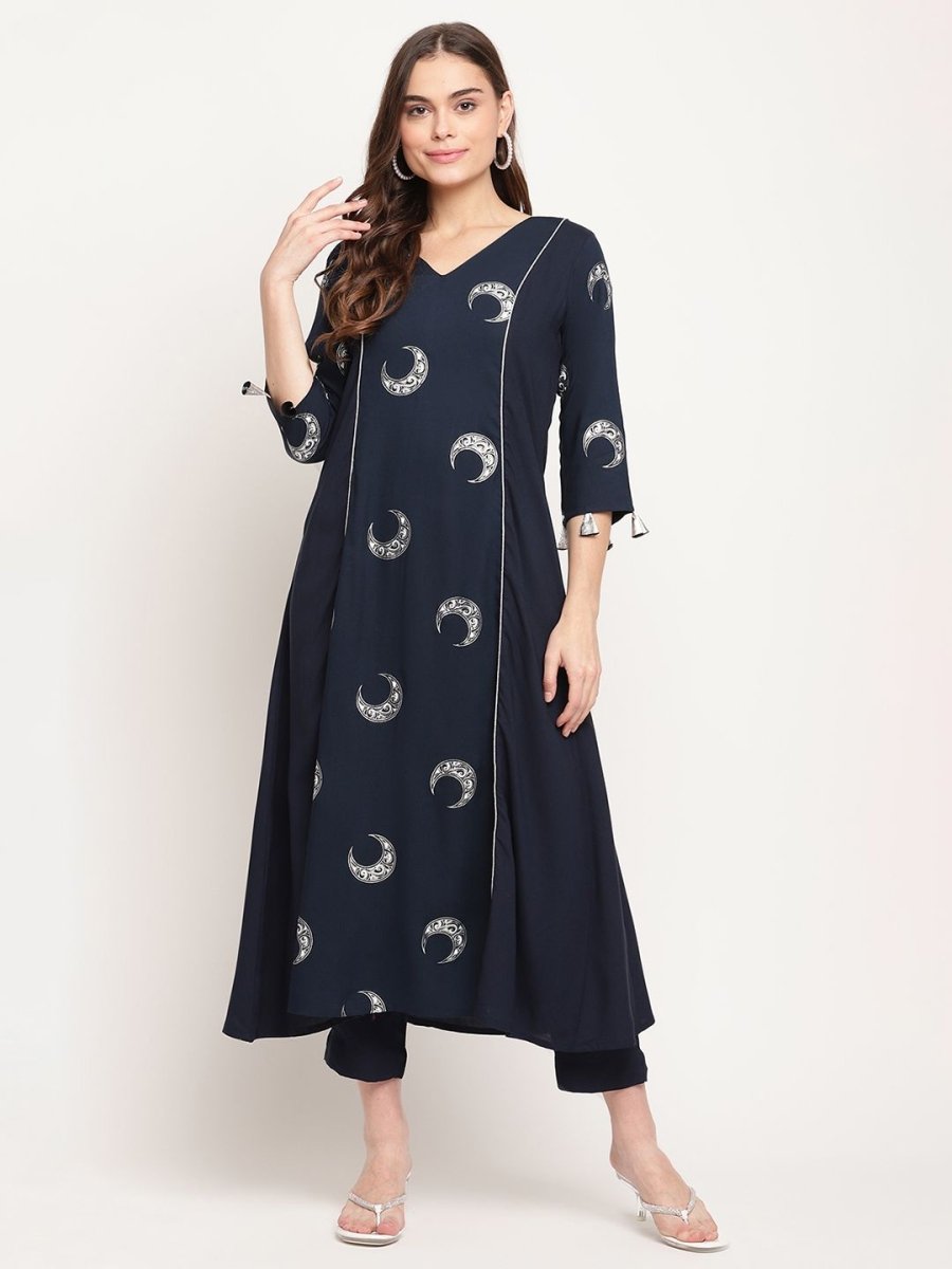 Ahalyaa Women's Navy Blue Rayon Foil & Khari Print Kurta Trouser Set