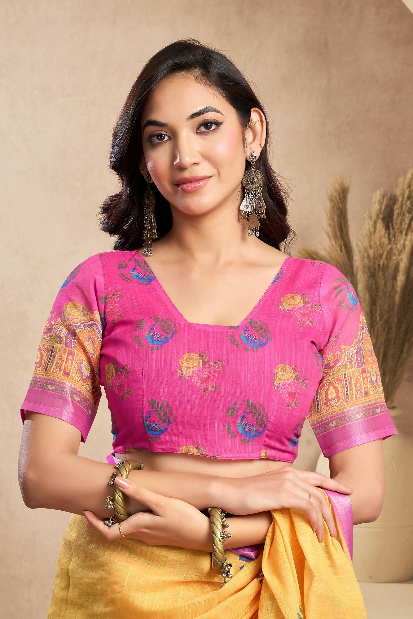 Vastranavya Mustard Digital Printed Linen Ready To Wear Designer Saree with Unstitched Blouse - Distacart