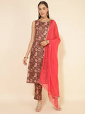 Janasya Women's Brown Crepe Digital Floral Printed Festive Straight Kurta Set