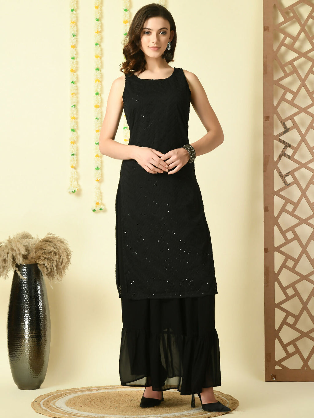 Myshka Women's Black Georgette Kurta & Skirt With Dupatta Party Sets