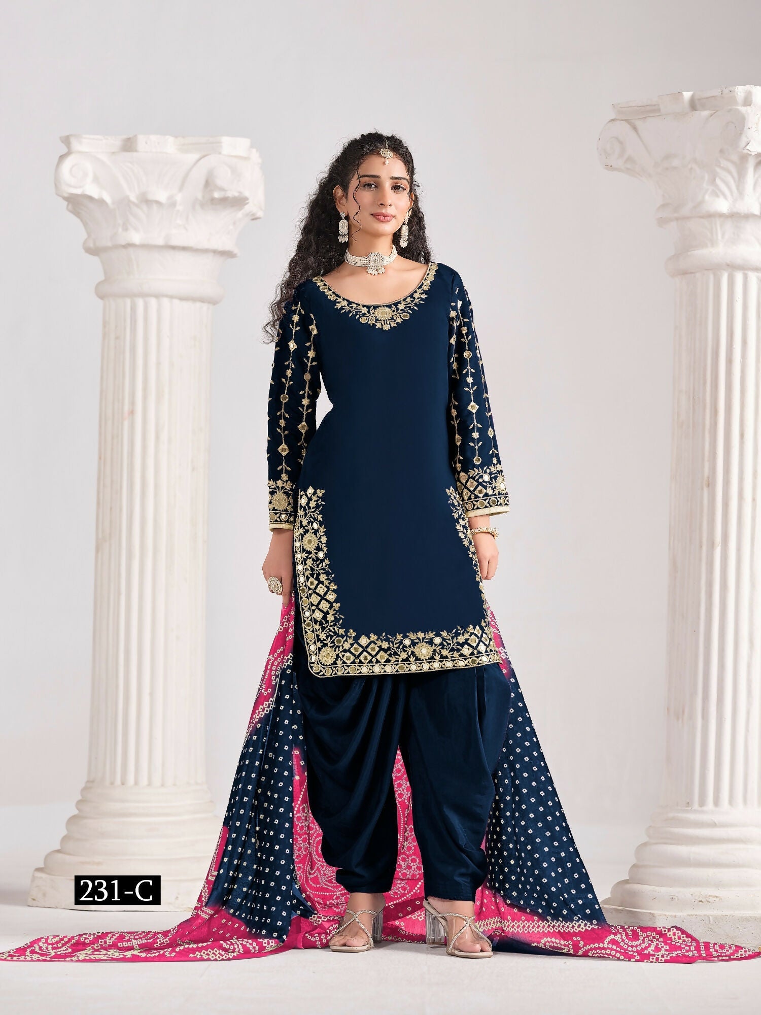 Anaita Navy Blue Roman Silk Stitched Suit with Embroidery & Real Mirror Work - Distacart