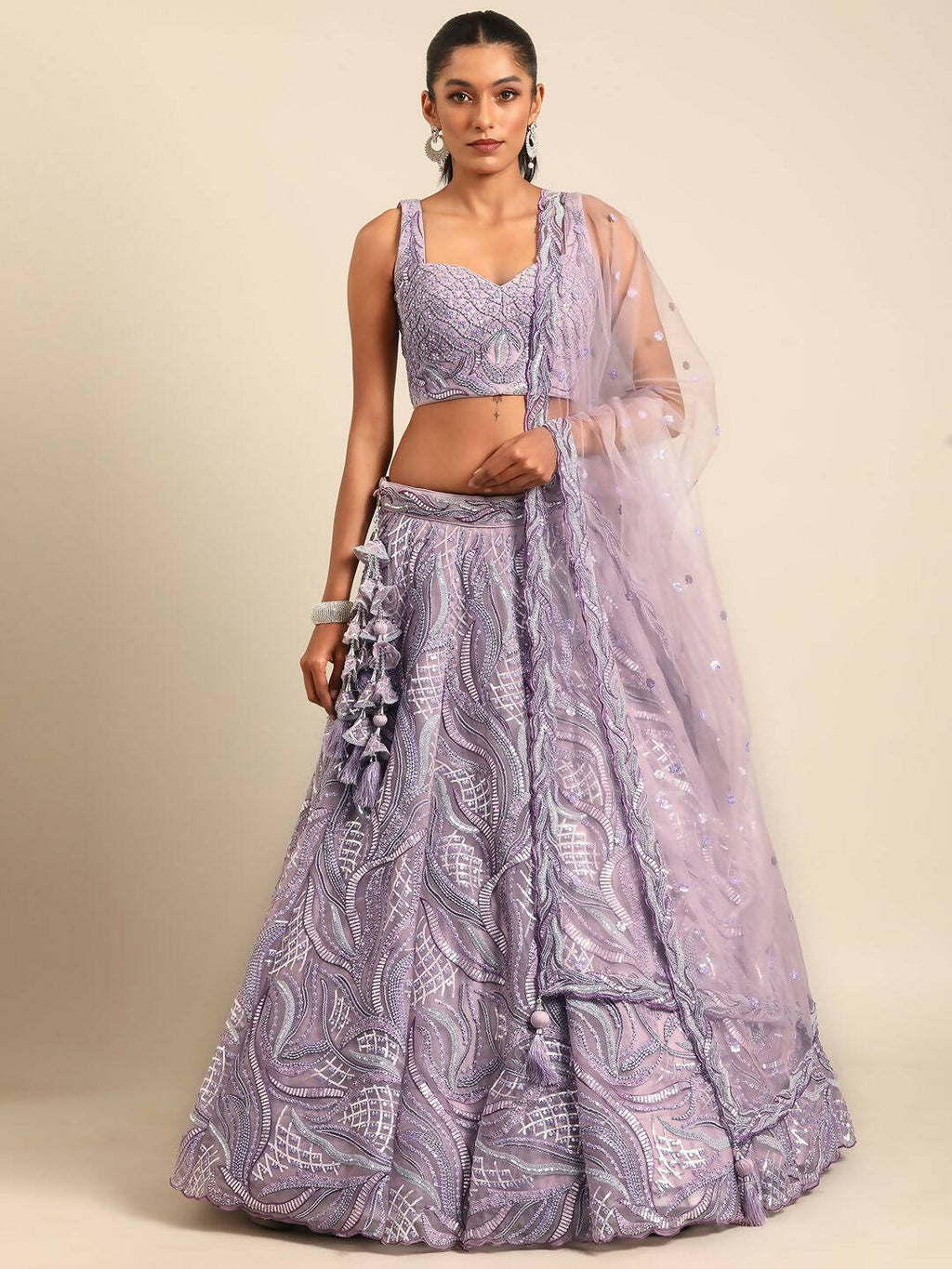 House of Panchhi Lavender Net Sequins and Zarkan embroidery Lehenga choli & Dupatta