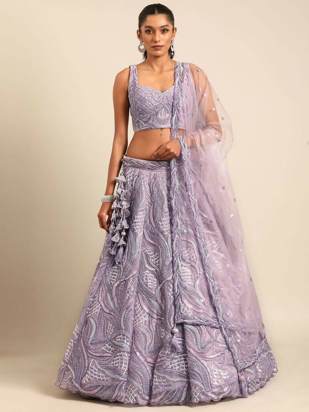 House of Panchhi Lavender Net Sequins and Zarkan embroidery Lehenga choli & Dupatta