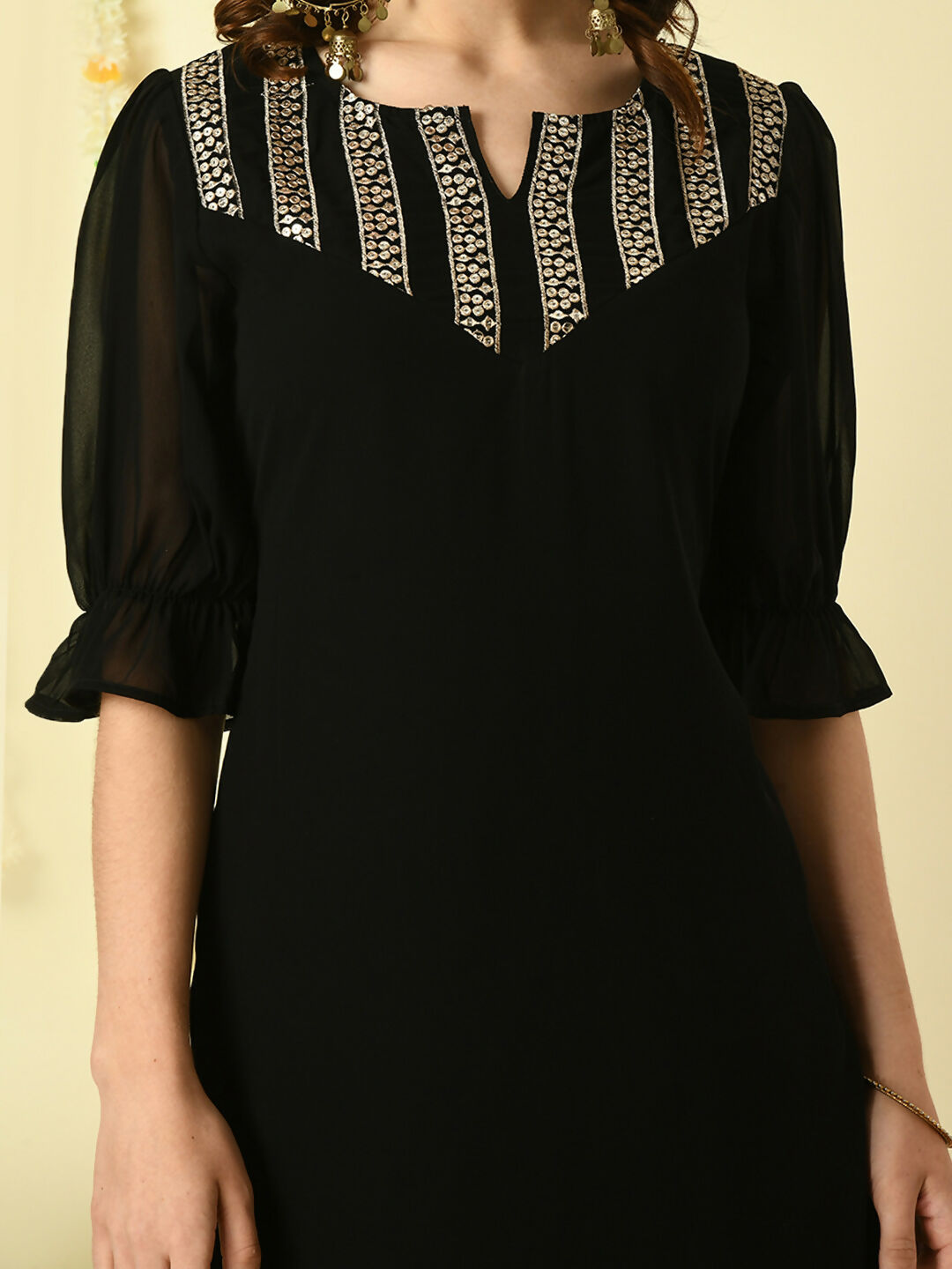 Myshka Women's Black Georgette Kurta With Trousers Party Sets