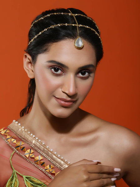 Gold-Polished White Faux Kundan-Studded Faux Pearl Beaded Handcrafted Matha Patti - Ruby Raang