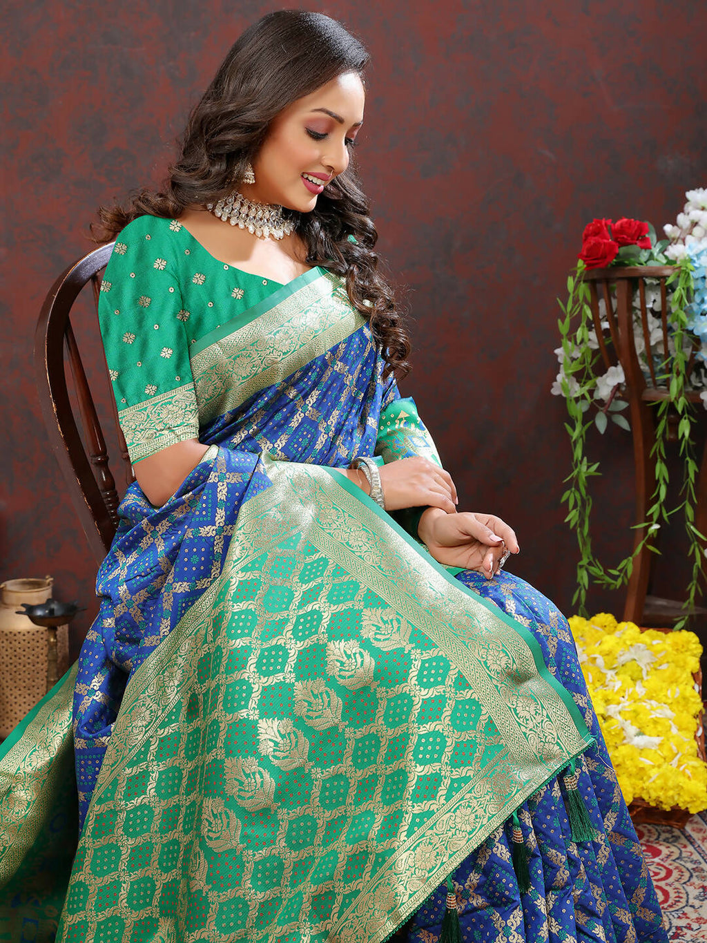 Lorenvalley Fashion Blue & Green Patola Silk Woven Design Meenakari Weaving Saree