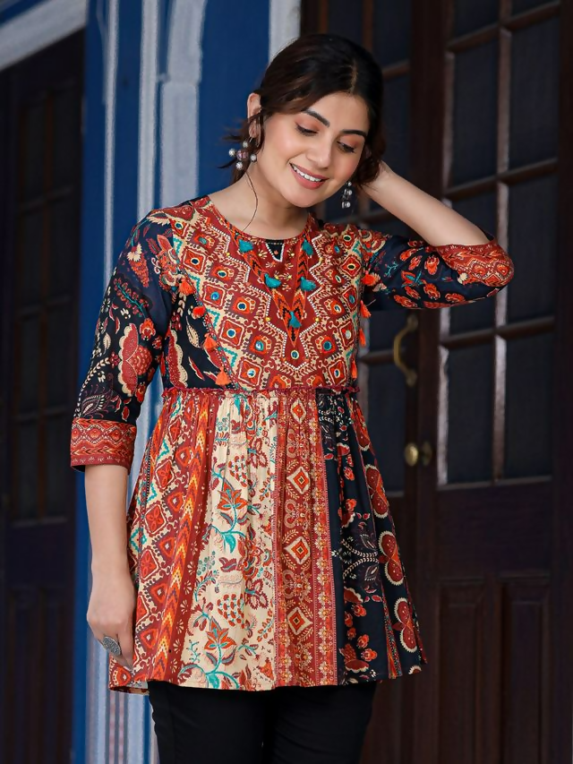 Juniper Women's Multi Colored Ethnic Motif Printed Cotton Peplum Tunic