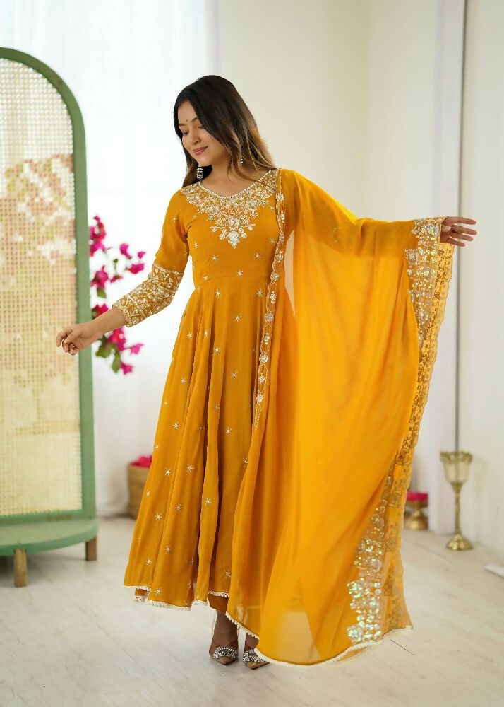 Teeya Creation Yellow Color Faux georgette Embroidery Work Wedding Wear Gown - Distacart
